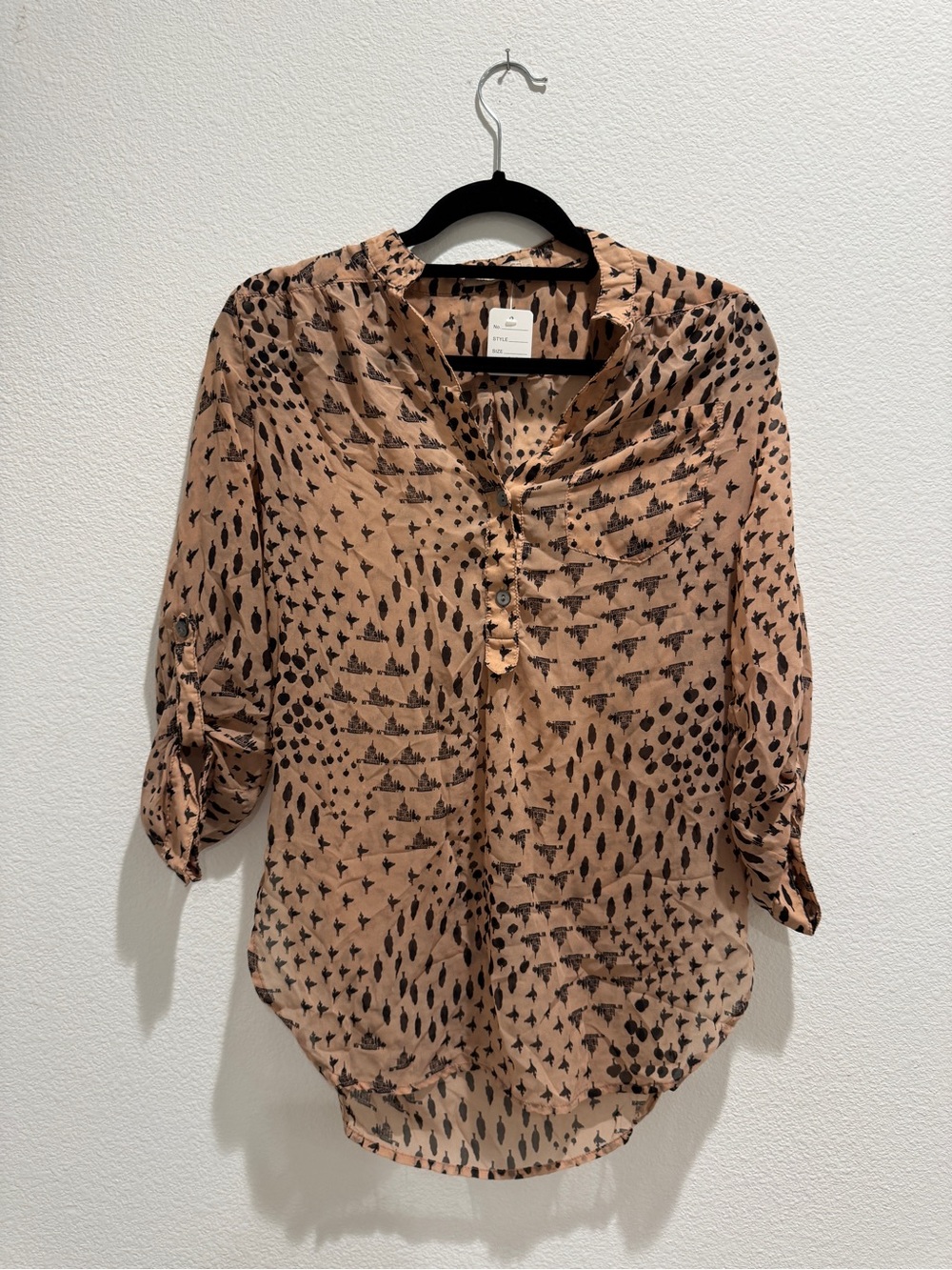 fun 2 fun Taupe Blouse with Black Abstract Print